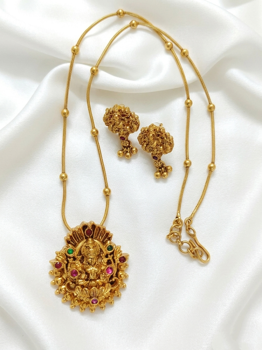 Lakshmi Pendant Mid Long Necklace Set V21