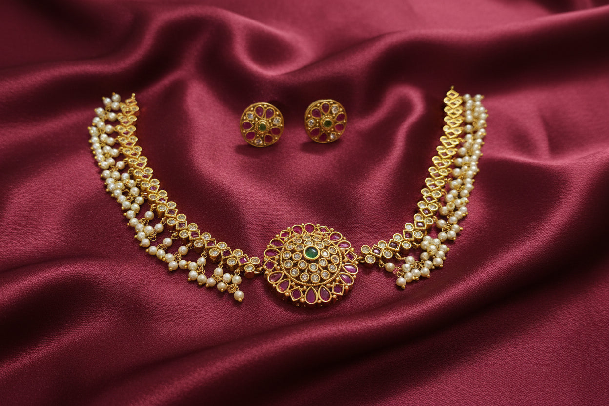Matte Finish Kemp Stone Pearl Drop Necklace Set