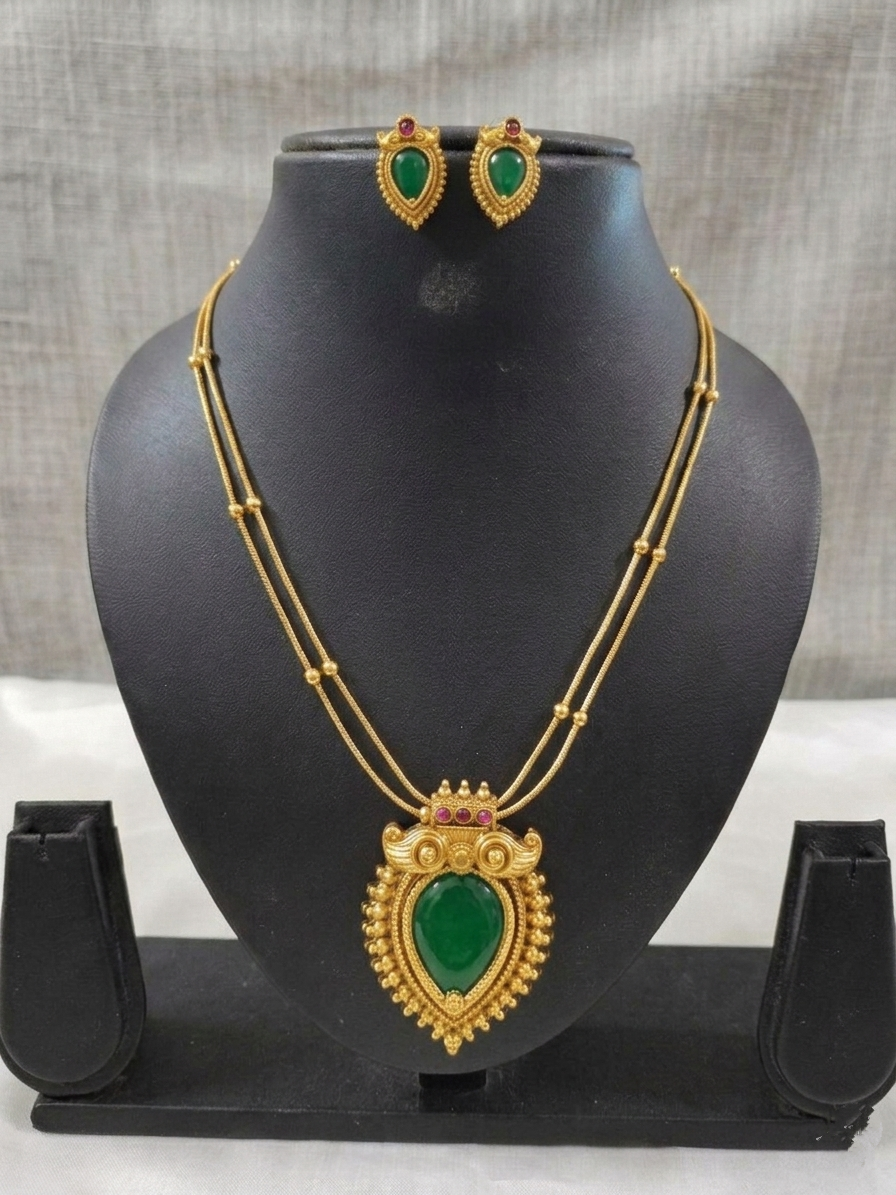 Matte Finish Palakka Gopi Pendant Mid Long Necklace Set V4