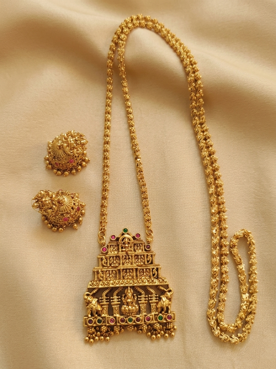 Lakshmi Pendant Long Necklace Set V4