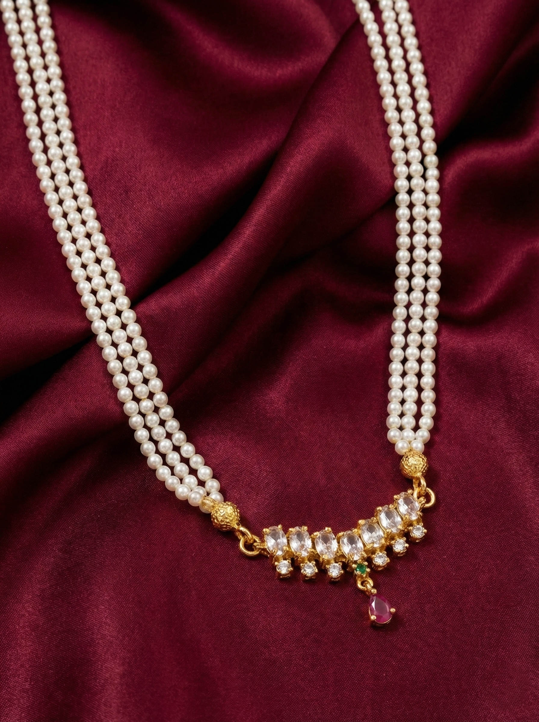 AD Stone Pink Drop Pendant Pearl Long Necklace Set