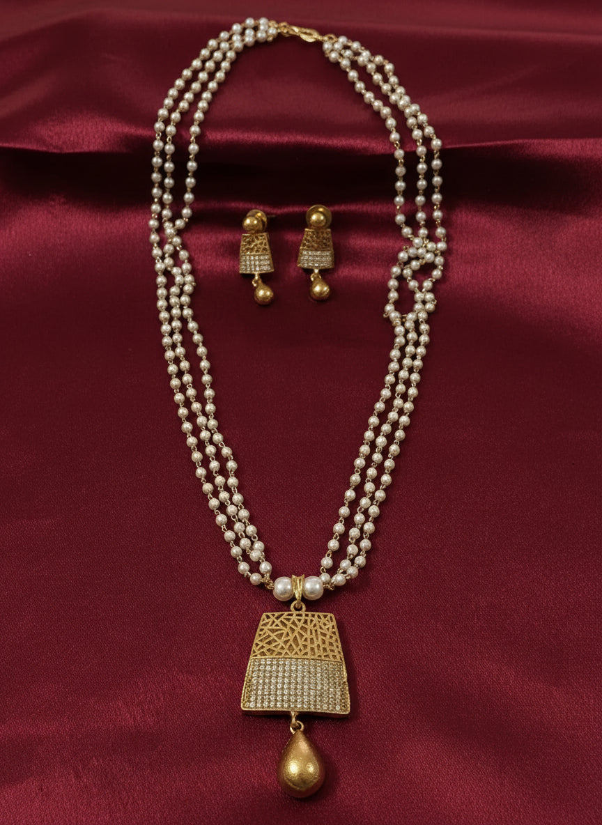 Non Idol Pendant Multi Layer Pearl Long Necklace Set