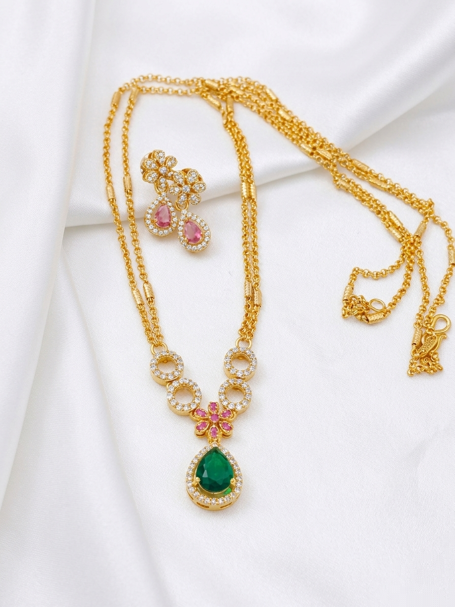 Non AD Pendant Mid Long Necklace Set