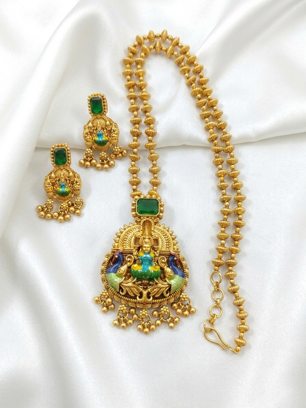 Enamel Lakshmi Pendant AD Stone Mid Long Necklace Set V1