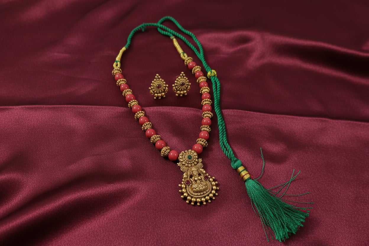 Coral Bead Lakshmi Pendant Necklace Set