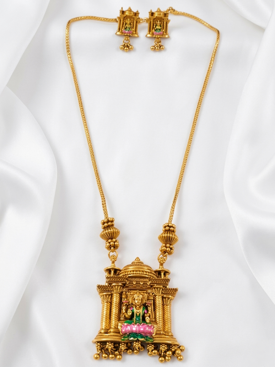 Enamel Lakshmi Pendant Mid Long Necklace Set V7