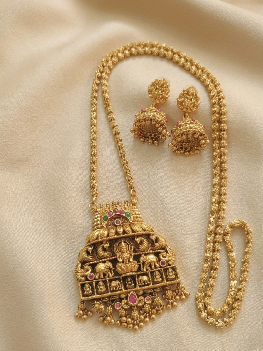 Lakshmi Pendant Long Necklace Set V3
