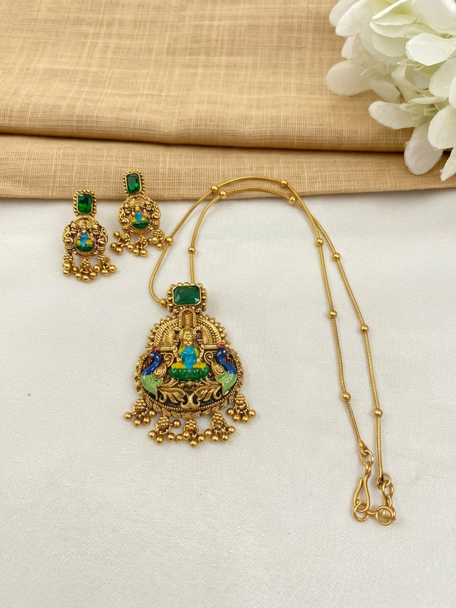 Enamel Lakshmi Pendant AD Stone Mid Long Necklace Set V2