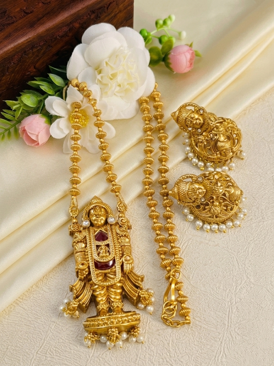 Tirupati Balaji Pendant Ball Mid Long Necklace Set 2.0