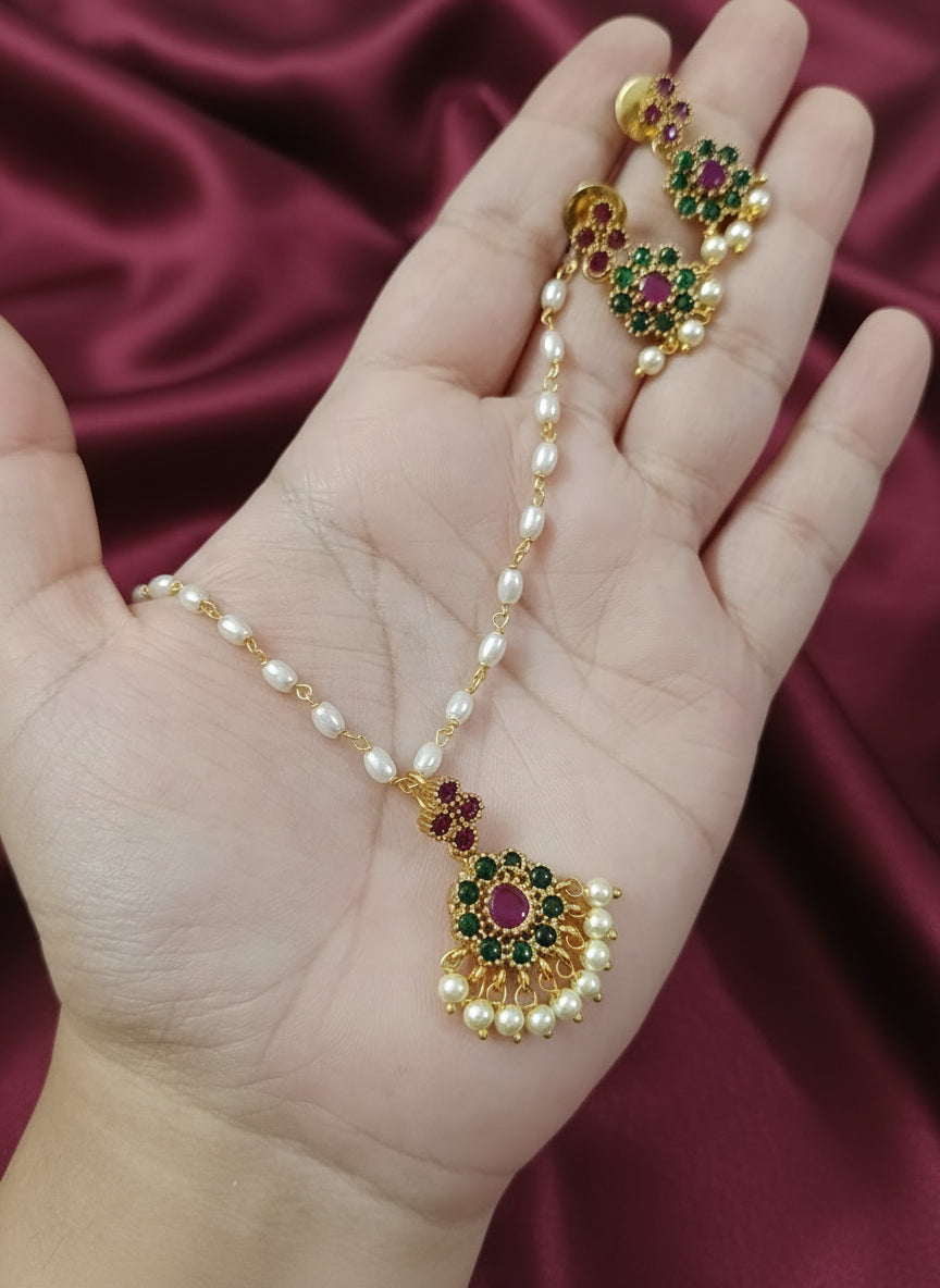 Pearl Chain With Kemp Stone Pendant Necklace Set