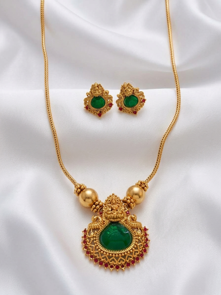 Low Budget Palakka Pendant Mid Long Necklace Set V2