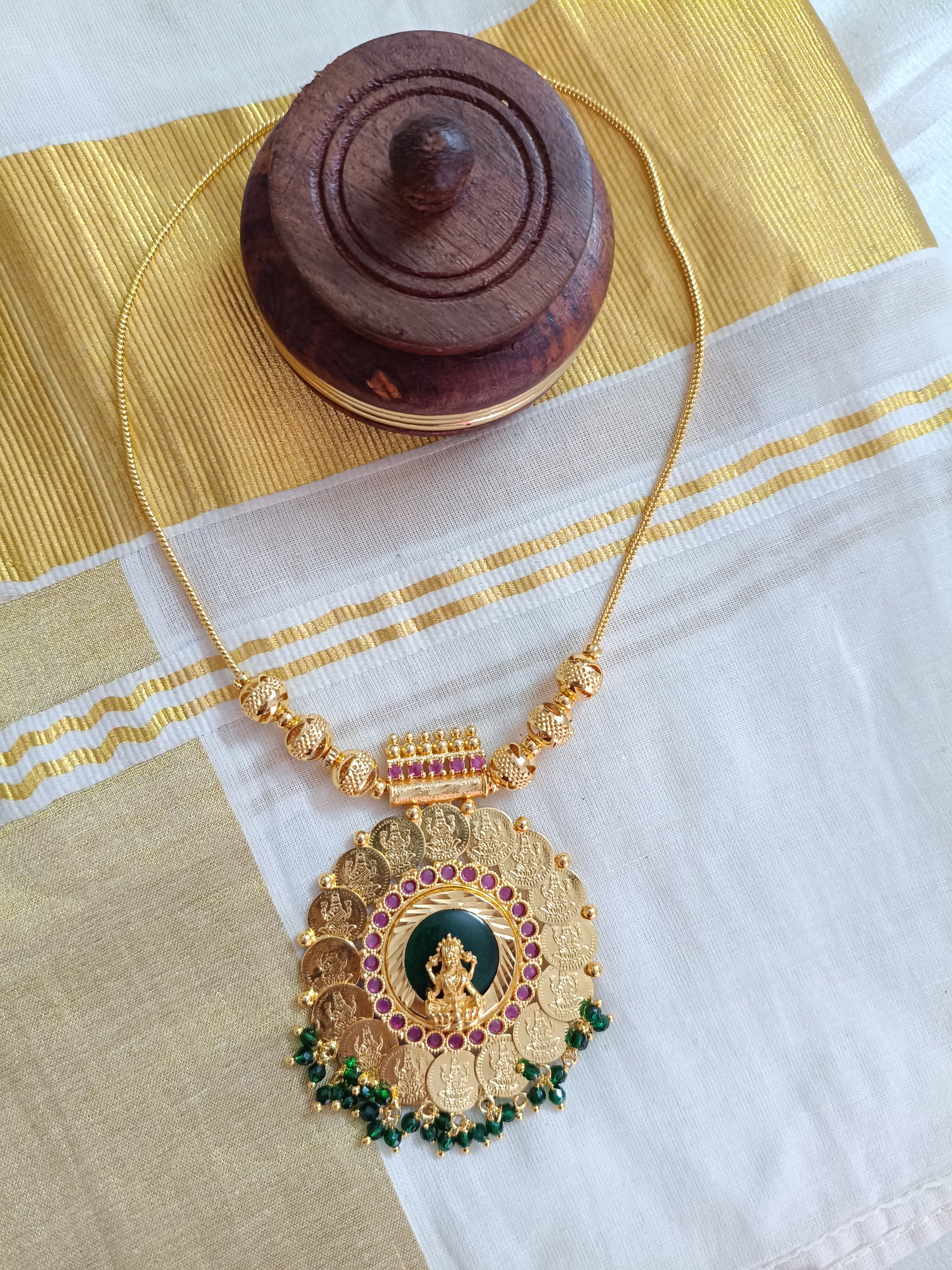 Micro Polish Coin Lakshmi Pendant Mid Long Necklace