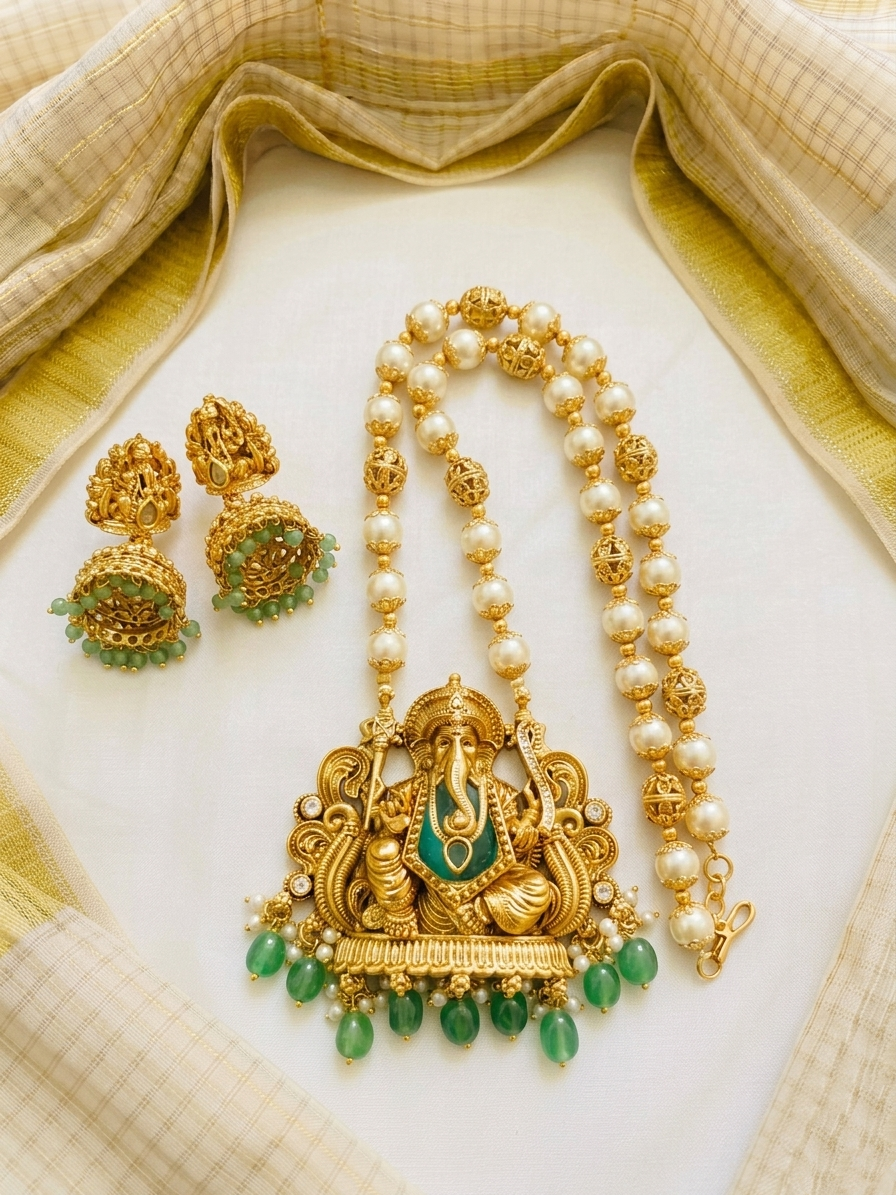 Ganesh Pendant Pearl Mid Long Necklace Set