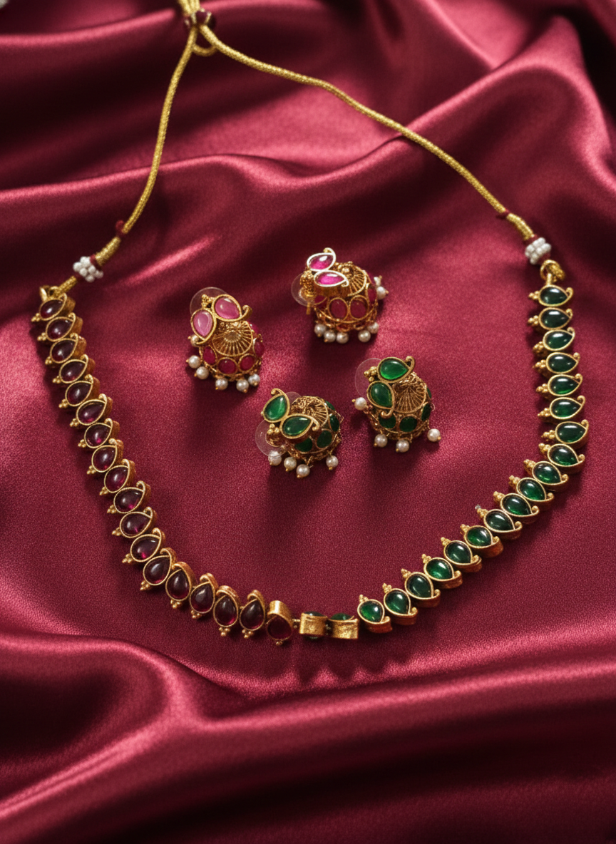 Matte Finish Reversible Kempstone Mango Necklace Set