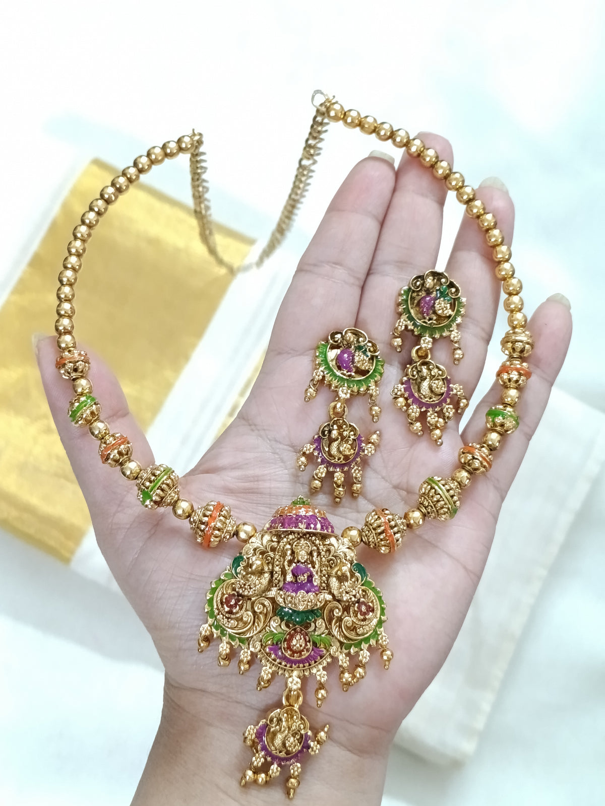 Enamel Lakshmi Pendant Hasli Necklace Set V10