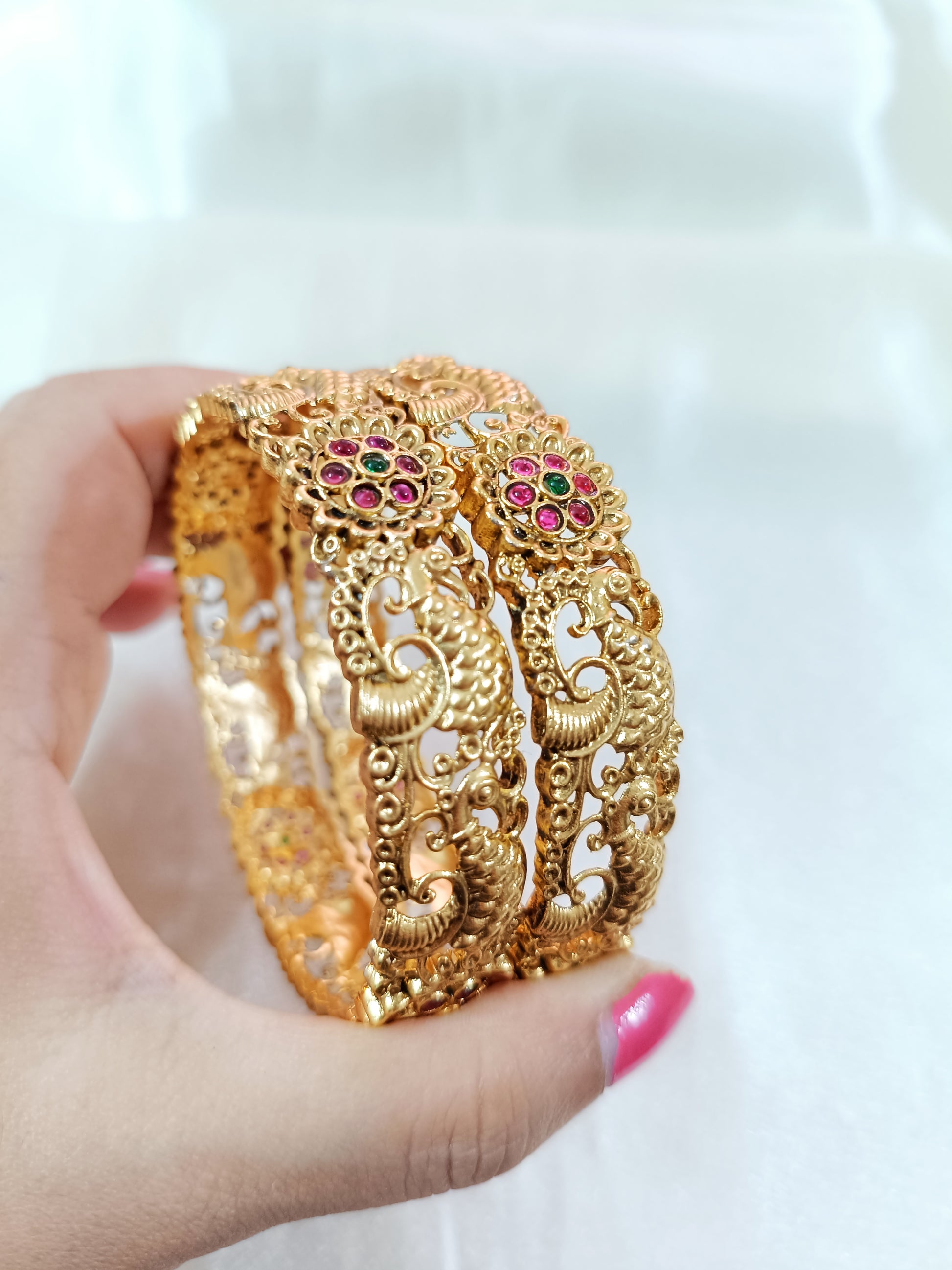 Low Budget Matte Finish Peacock Stone Bangle Set of 2