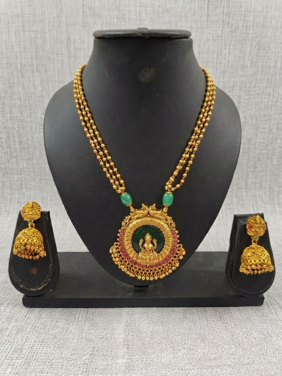 Lakshmi Palakka Pendant Mid Long Necklace Set V10
