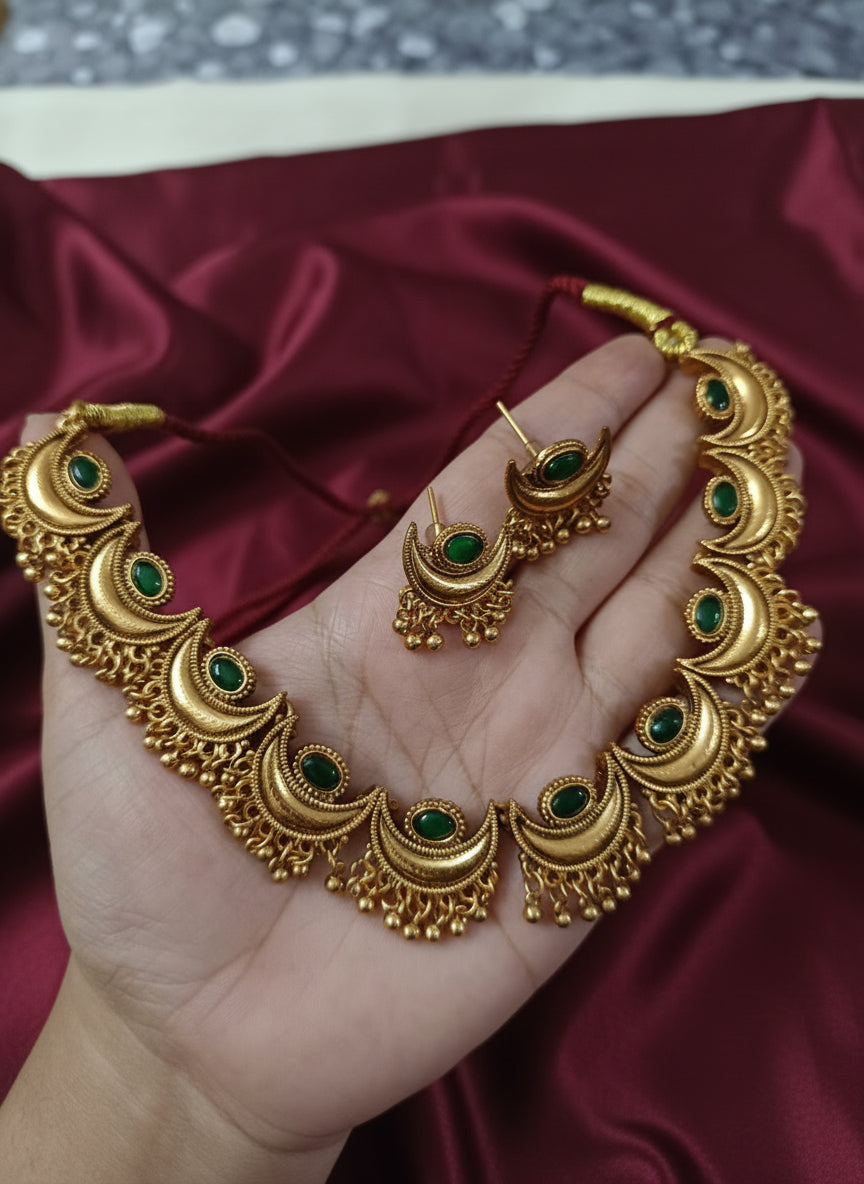 Half moon Necklace With Golden Beads