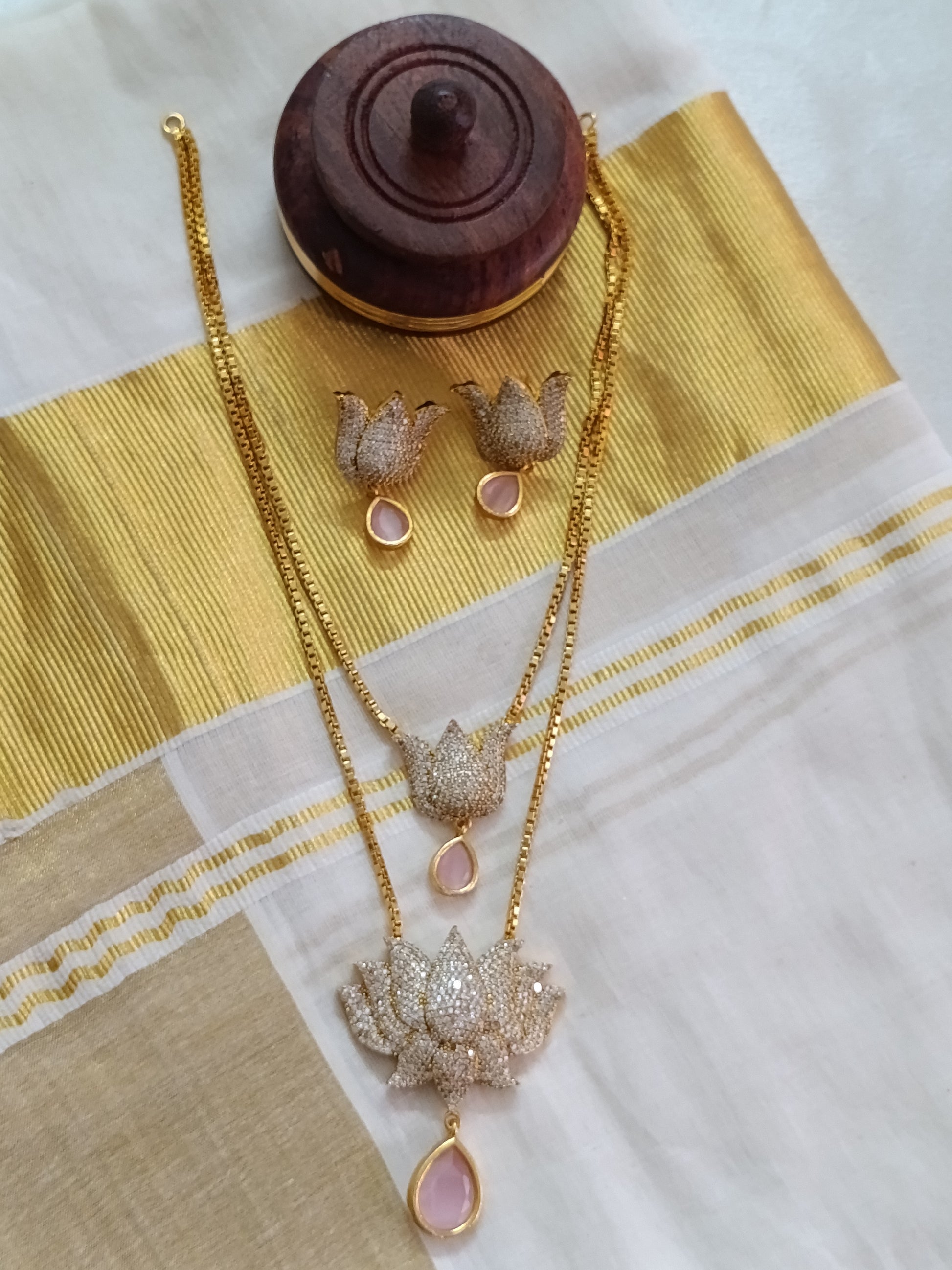 AD Lotus 2 Layer Mid Long Necklace Set