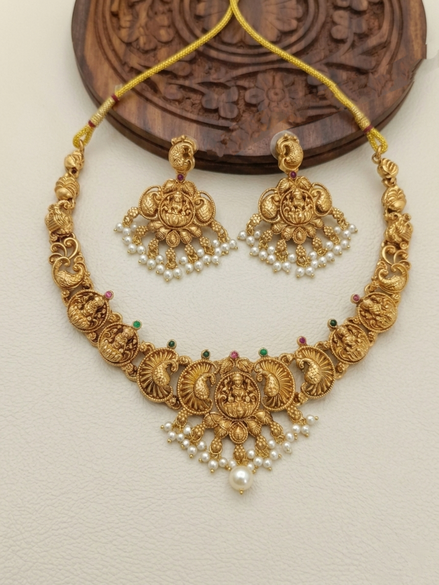 Matte Finish Nagas Lakshmi Necklace Set V18