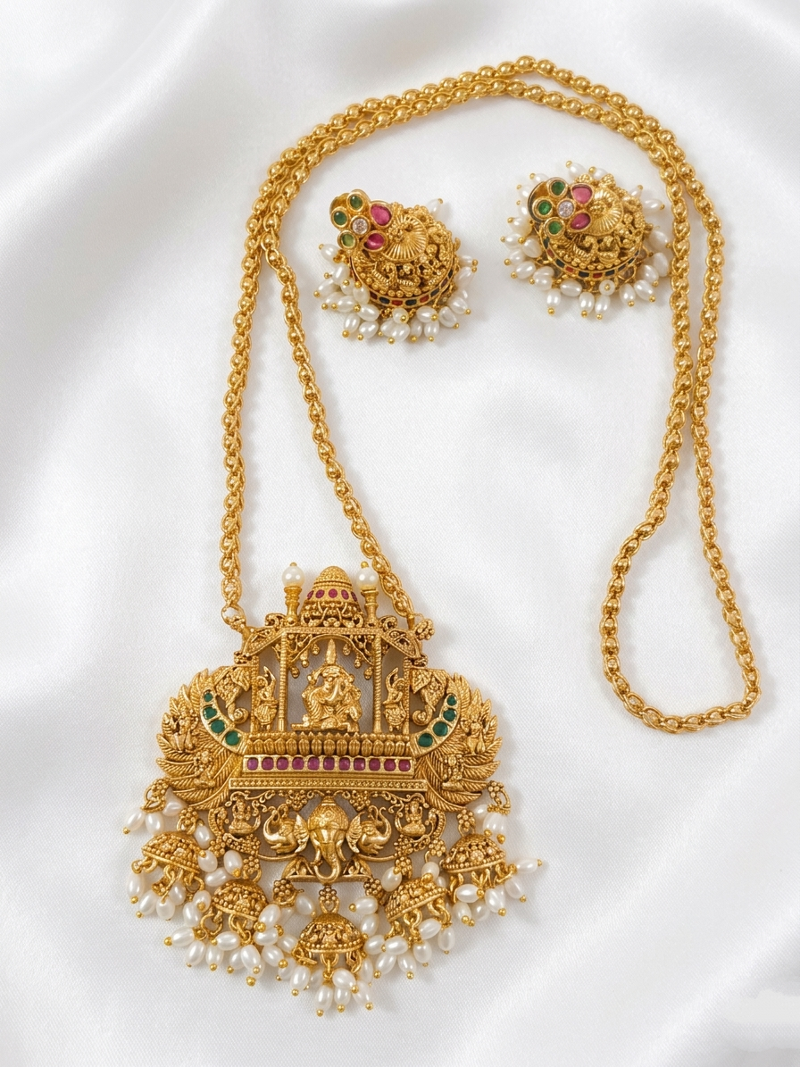 Premium Quality Lakshmi Pendant Long Necklace Set V4