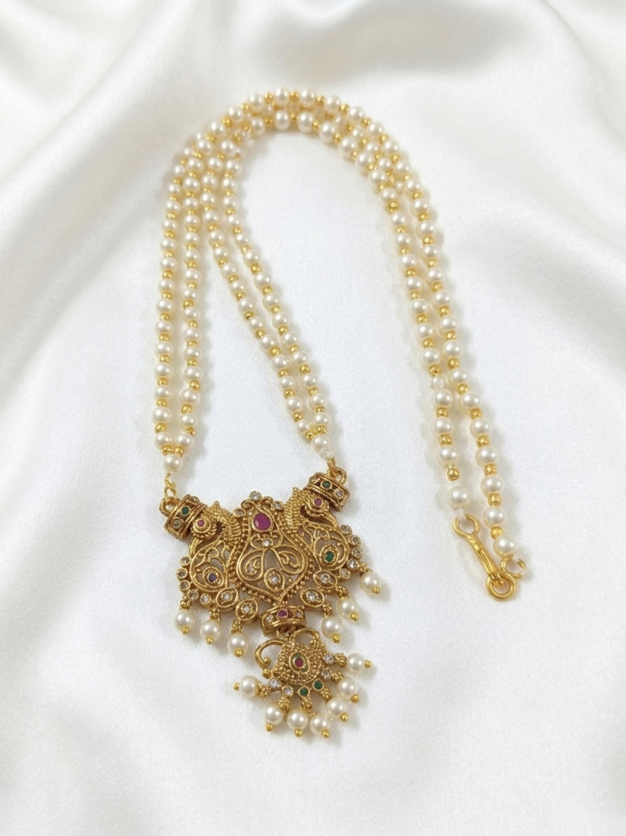 Peacock Pendant Pearl Mid Long Necklace Set