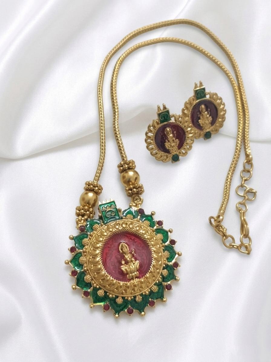 Surya Lakshmi Pendant Mid Long Necklace Set