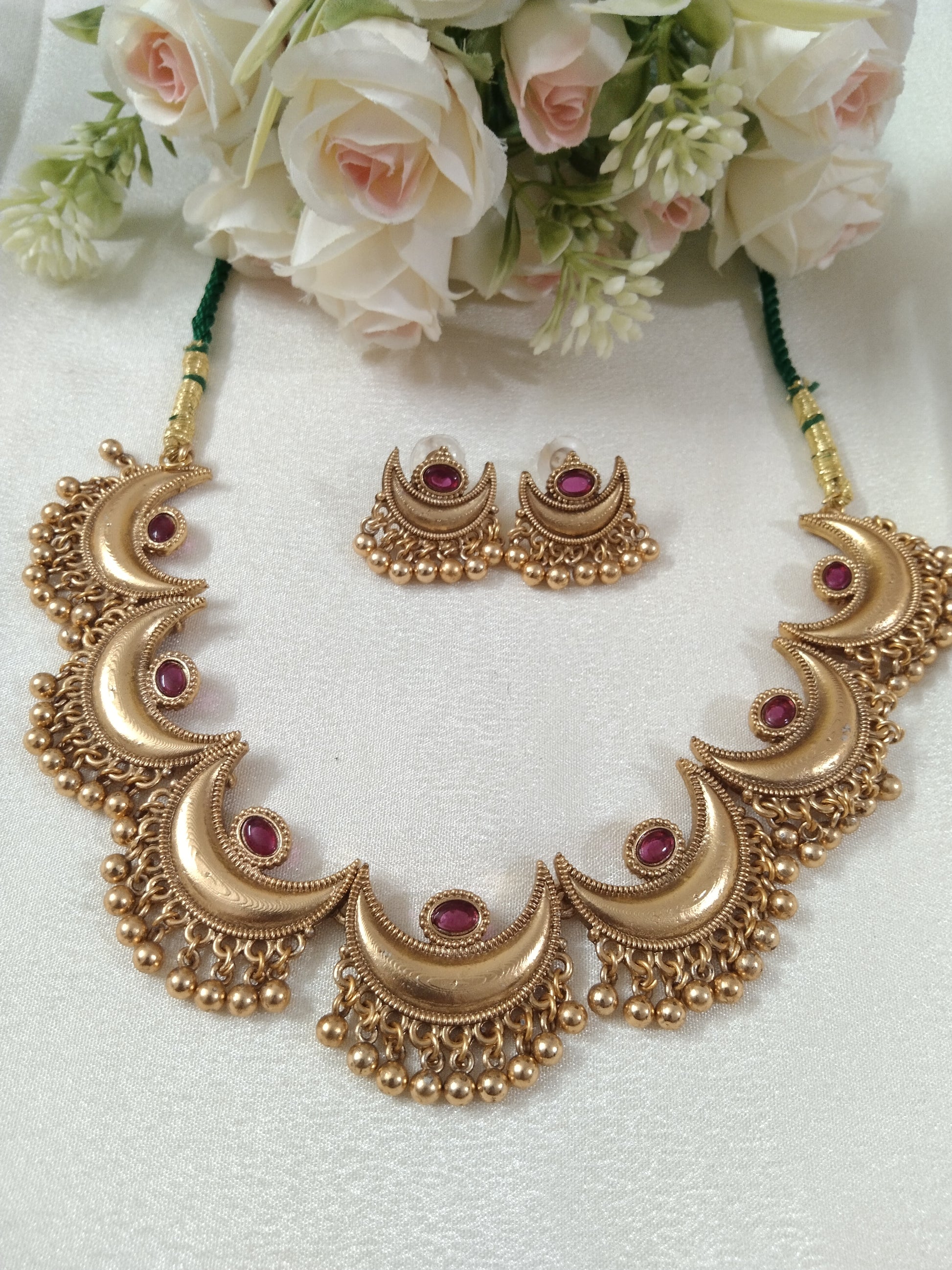 Half moon Necklace With Golden Beads