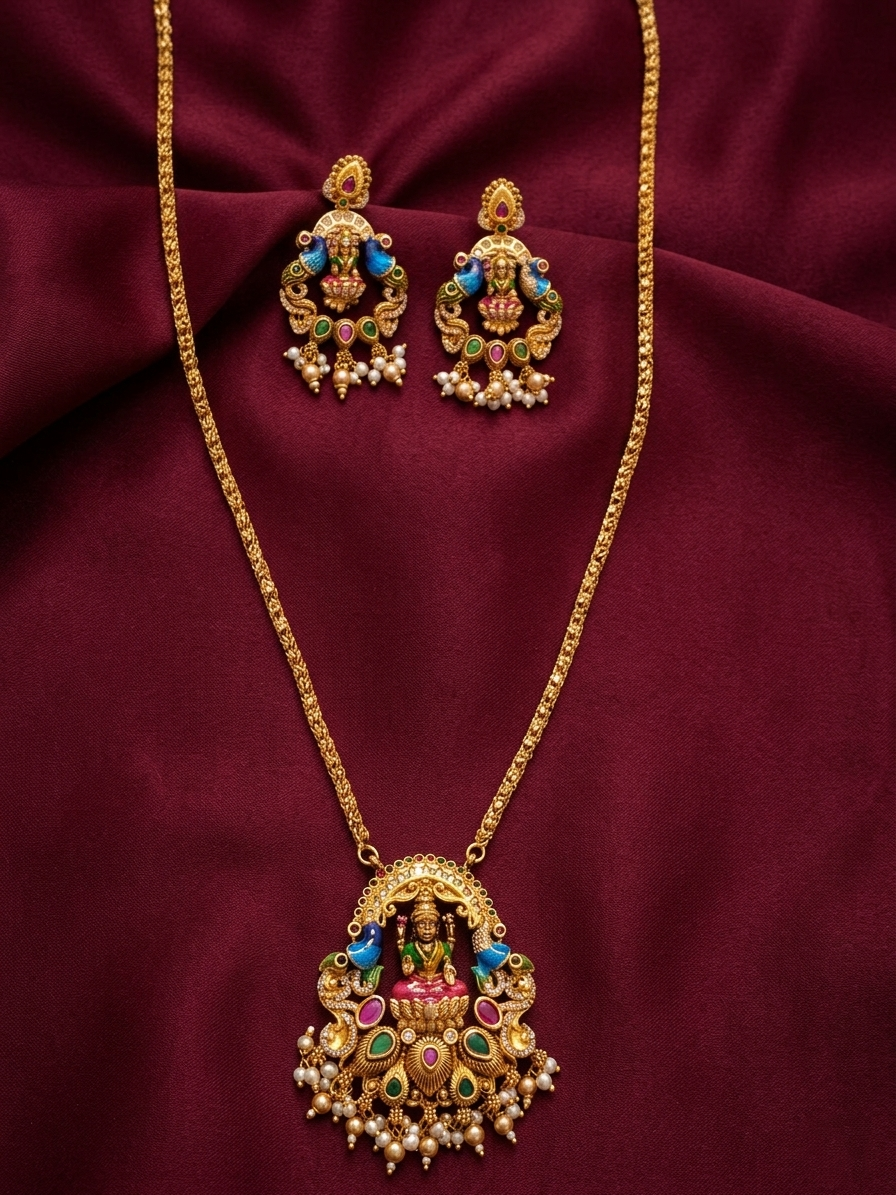 Enamel Lakshmi Pendant Chain Long Necklace Set V2