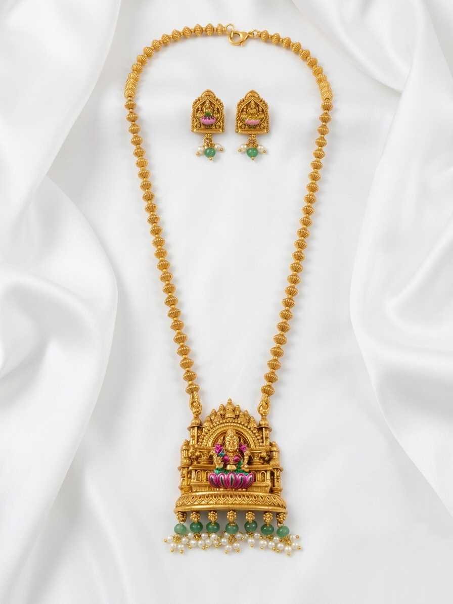 Enamel Lakshmi Pendant Mid Long Necklace Set V11