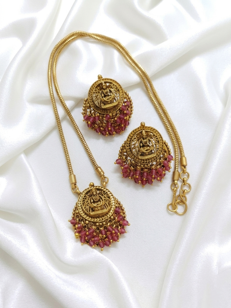 Lakshmi Beaded Pendant Mid Long Necklace Set