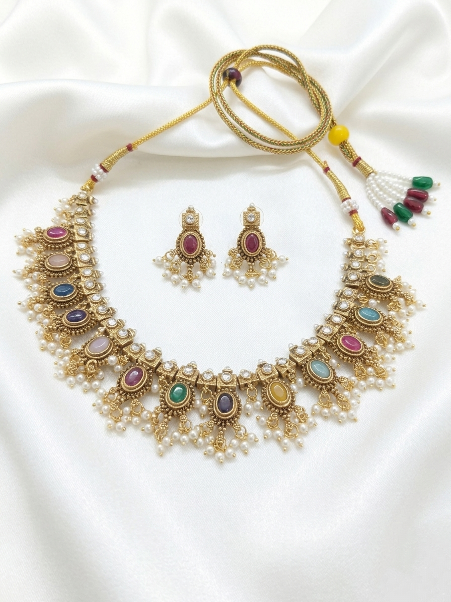 Navaratna Pearl Drop Necklace Set