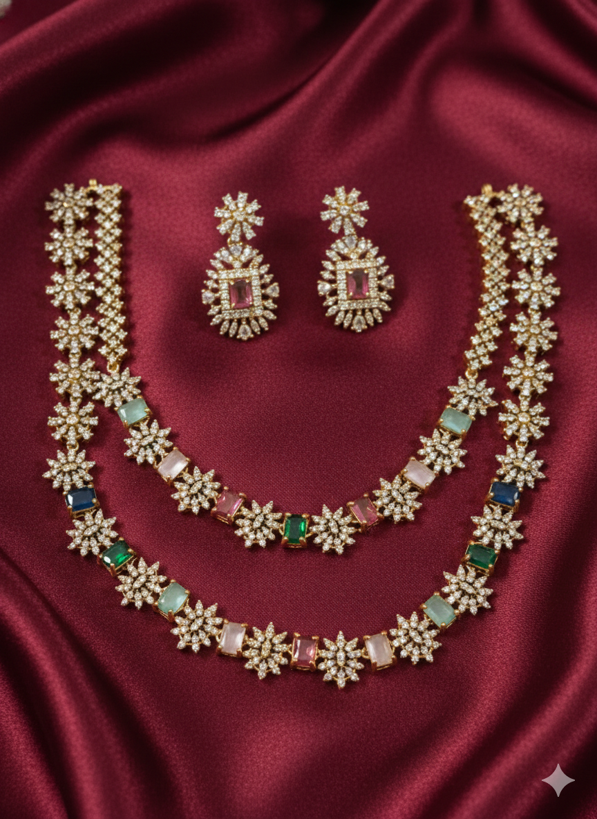 2 Layer Navaratna Necklace Set