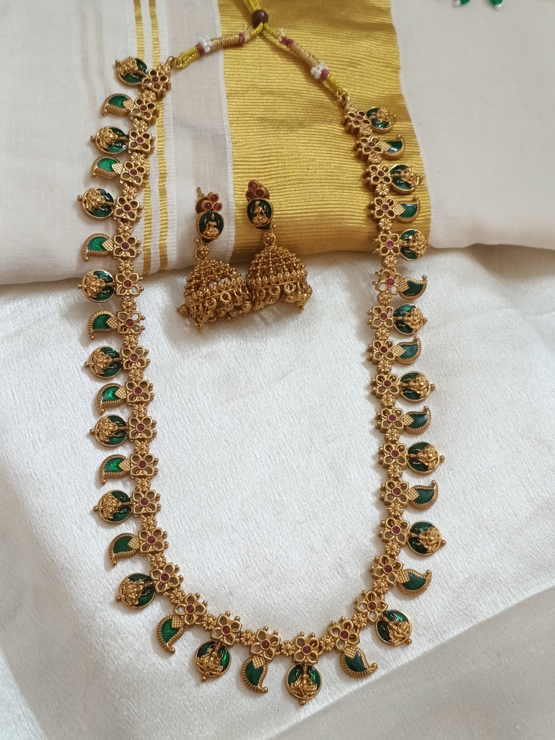 Matte Finish Lakshmi Palakka Long Necklace Set