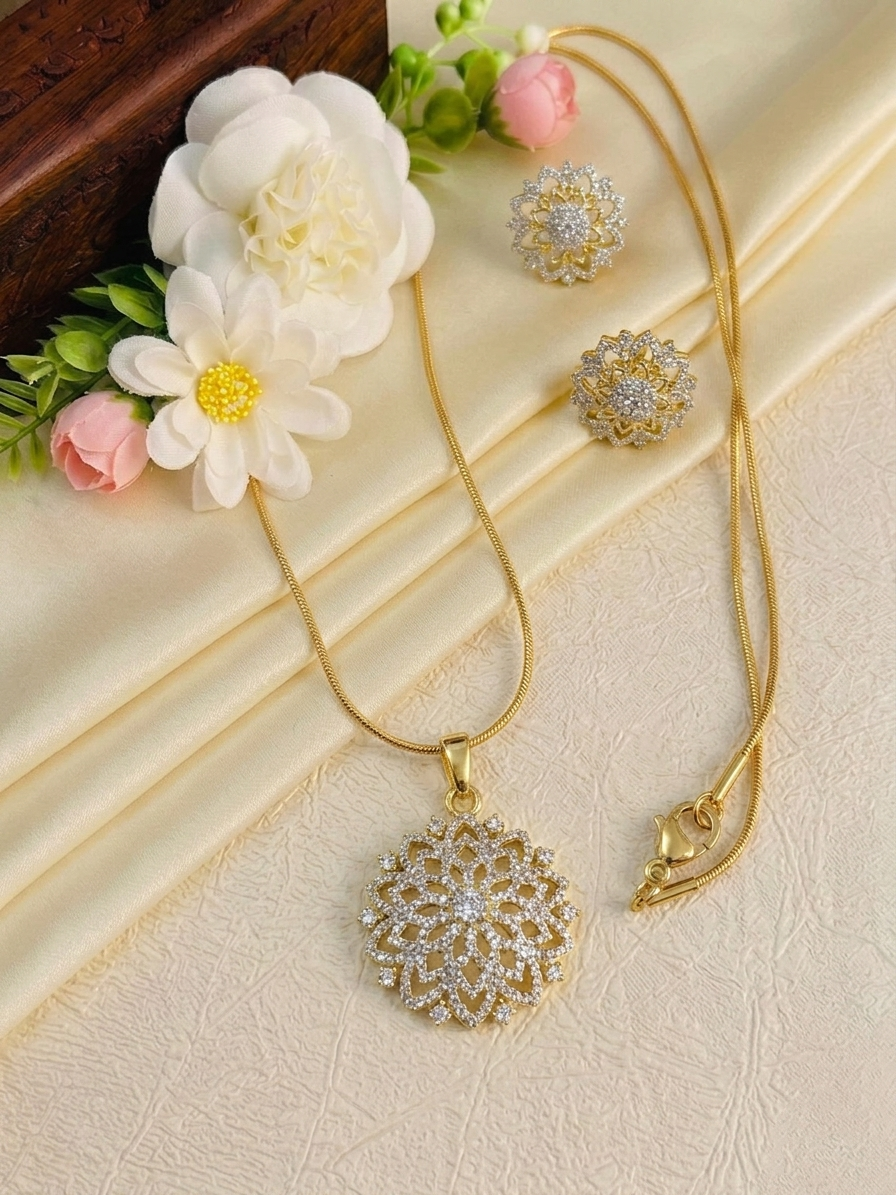 Diamond Replica Pendant Mid Long Necklace Set V10