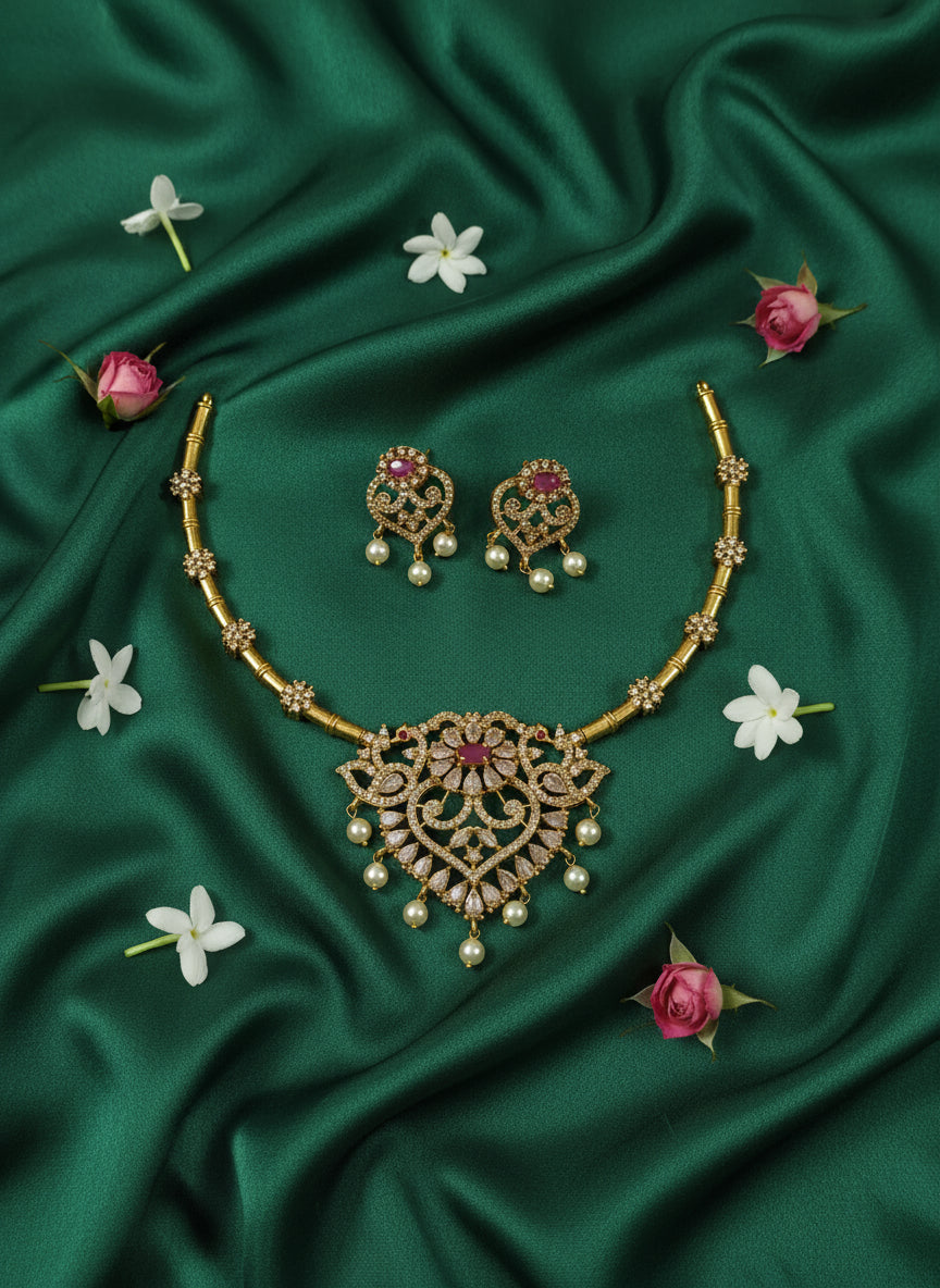 Matte Finish AD Stone Chandrahar Necklace