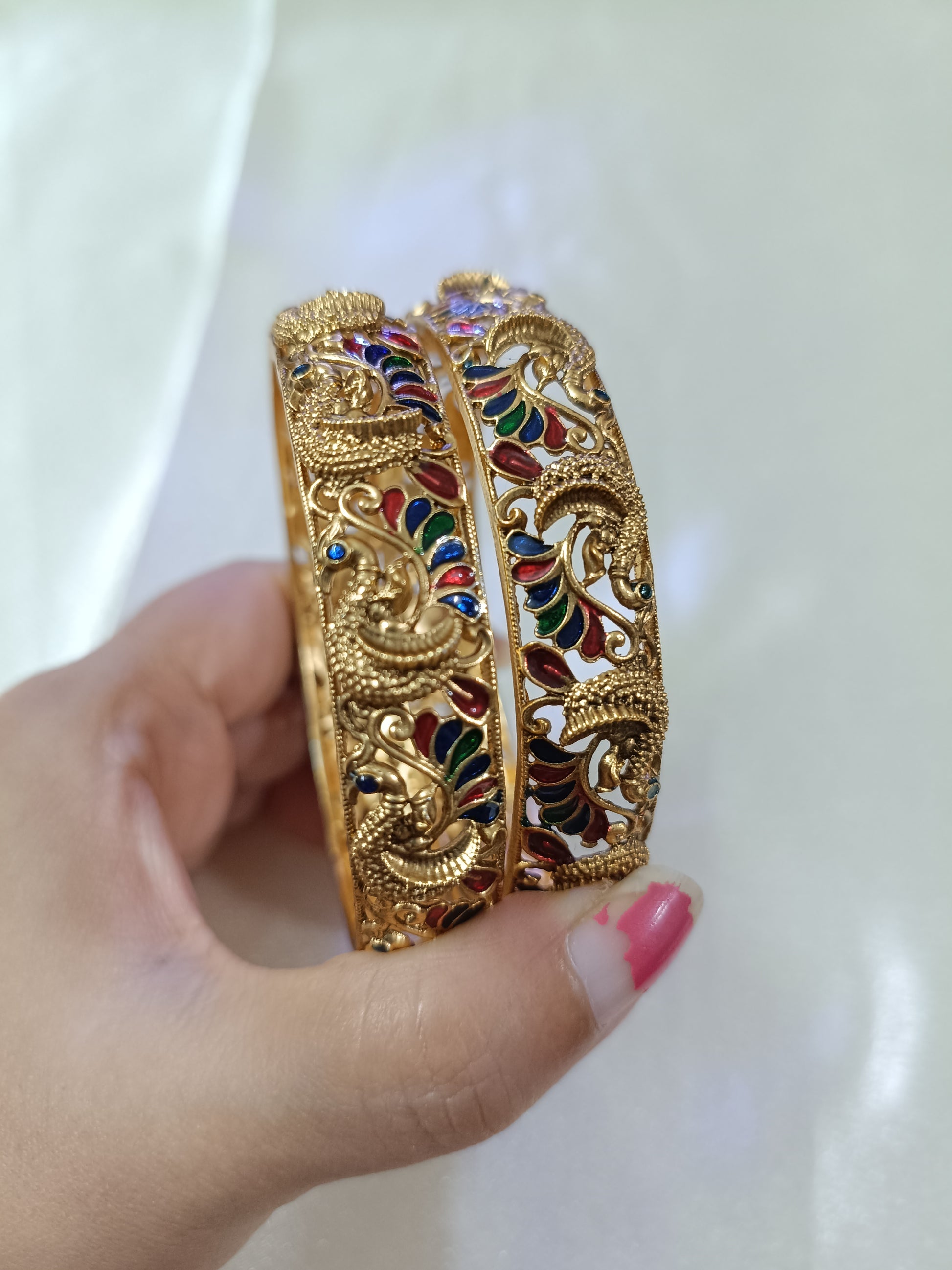 Matte Finish Enamel Peacock Broad Bangle set of 2