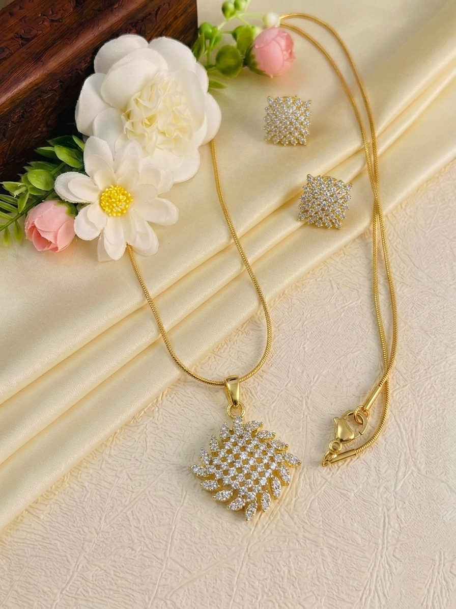 Diamond Replica Pendant Mid Long Necklace Set V11