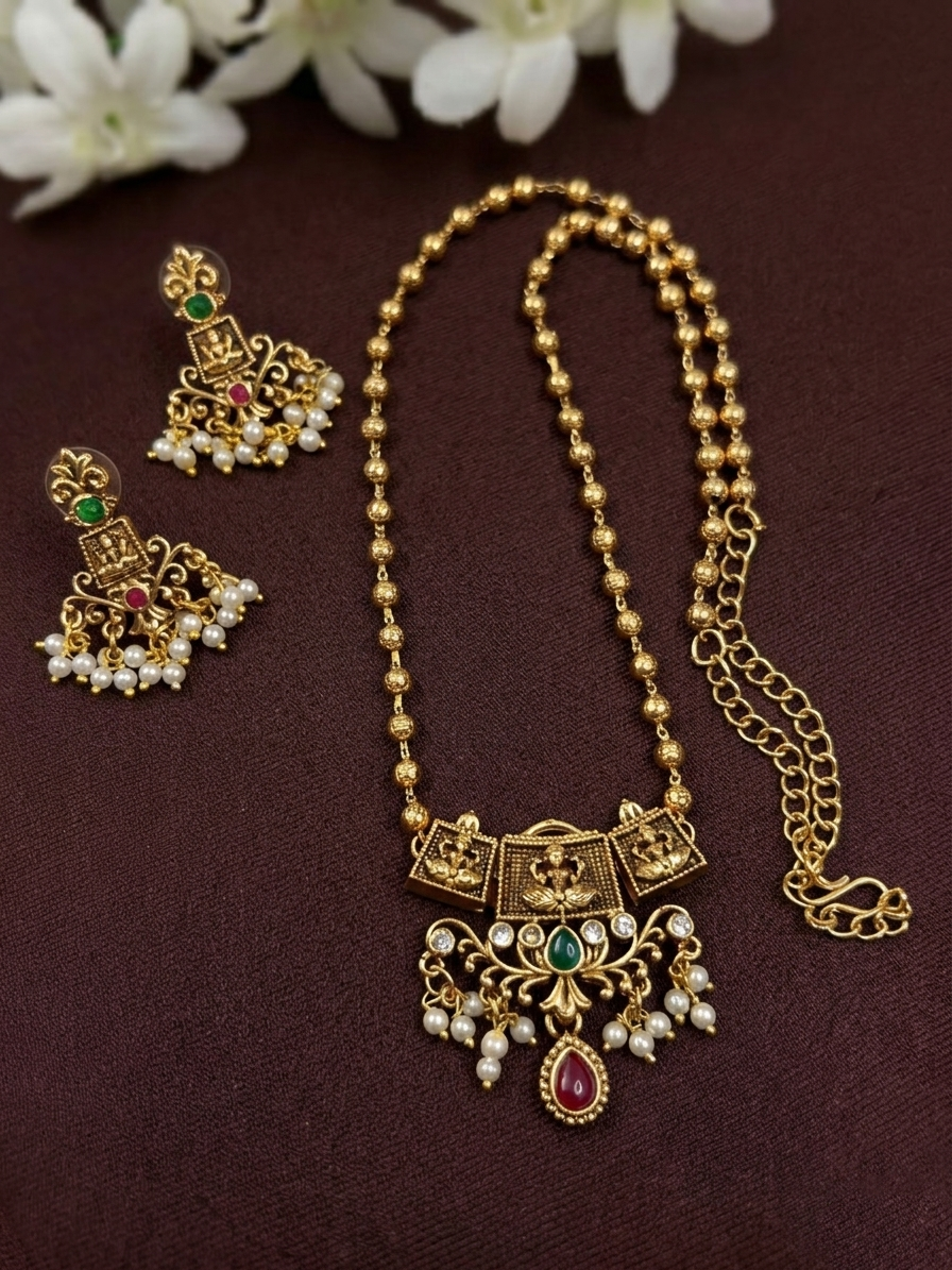 Matte Finish Lakshmi Pendant Mid Long Necklace Set V140