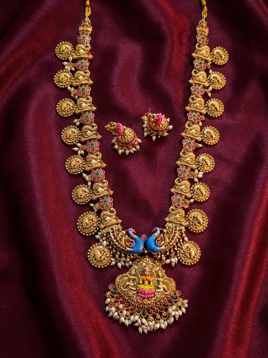 Enamel Mayoora Lakshmi Long Necklace Set