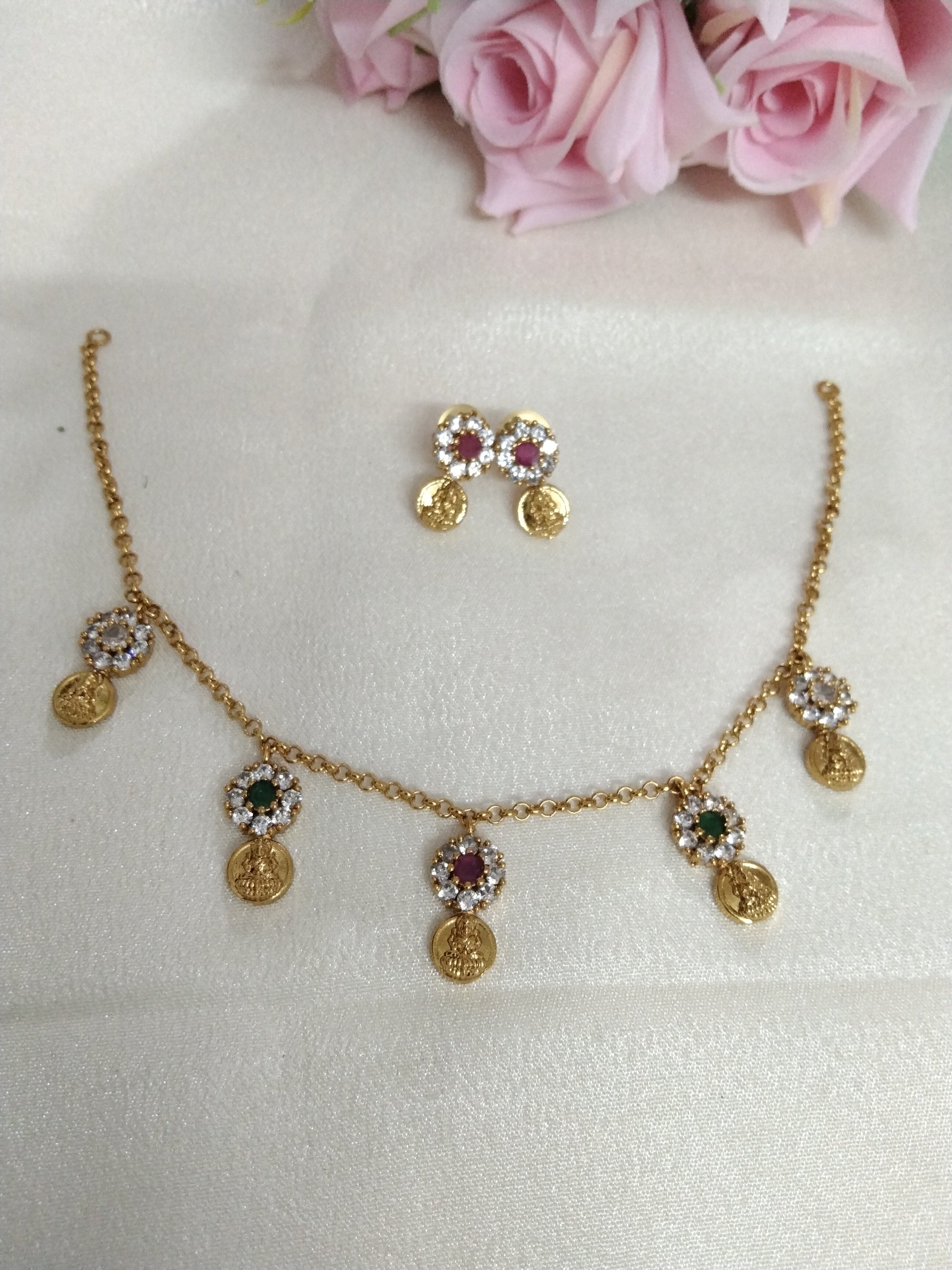 Lakshmi Coin Floral AD Chain Necklace Set