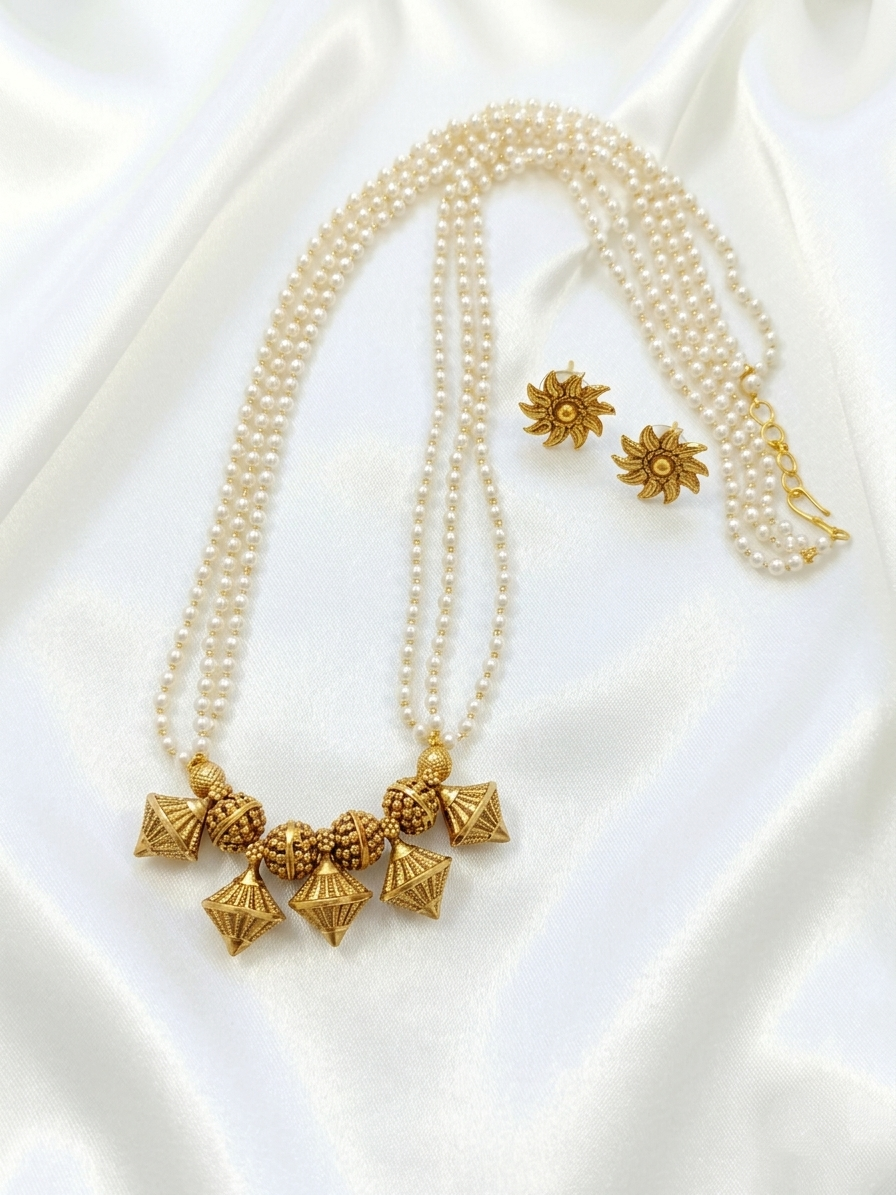 Pearl Multi Layer Non Idol Pendant Mid Long Necklace Set