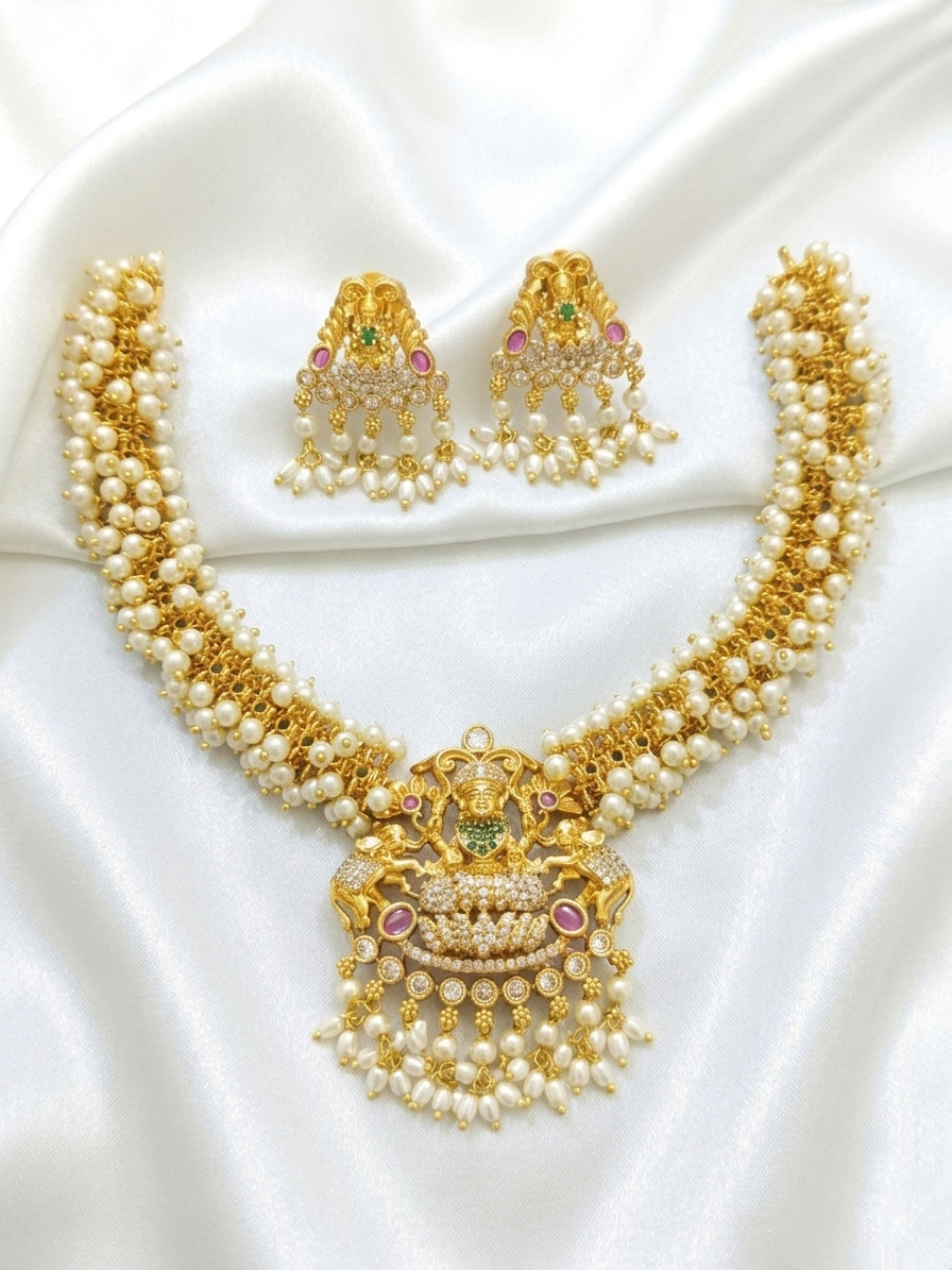 Beaded Lakshmi Pendant Necklace Set V2