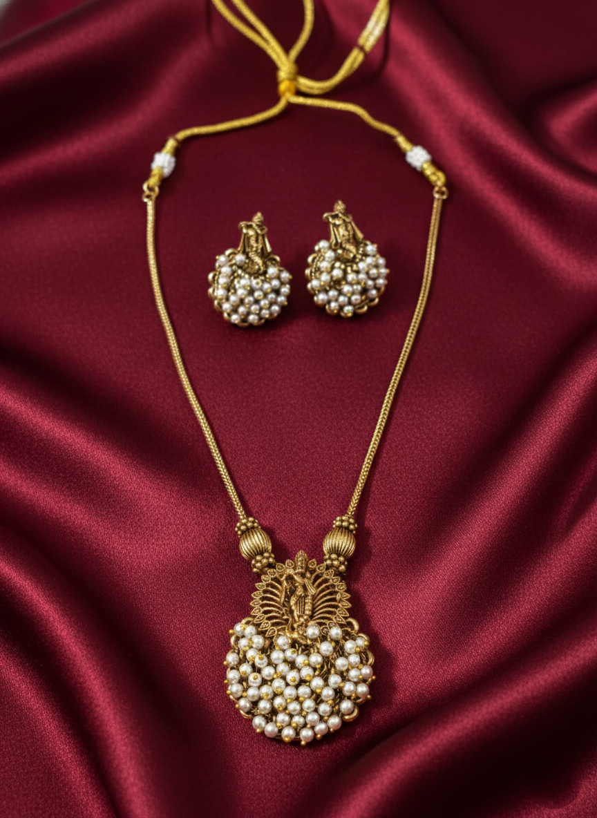 Krishna Beaded Pendant Mid Long Necklace Set