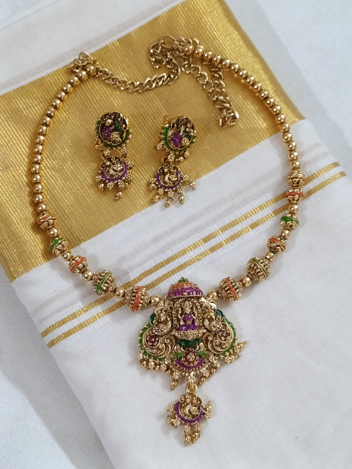 Enamel Lakshmi Pendant Hasli Necklace Set V10