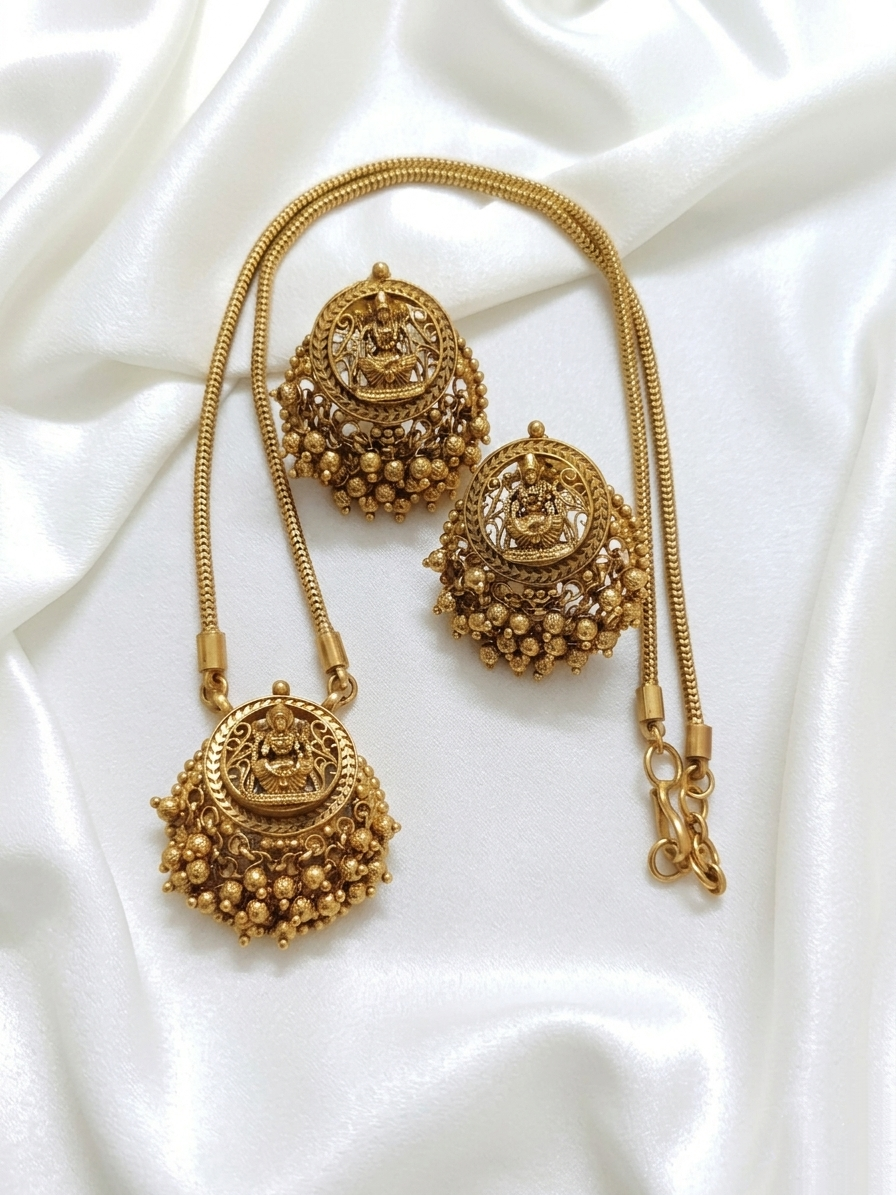 Lakshmi Beaded Pendant Mid Long Necklace Set