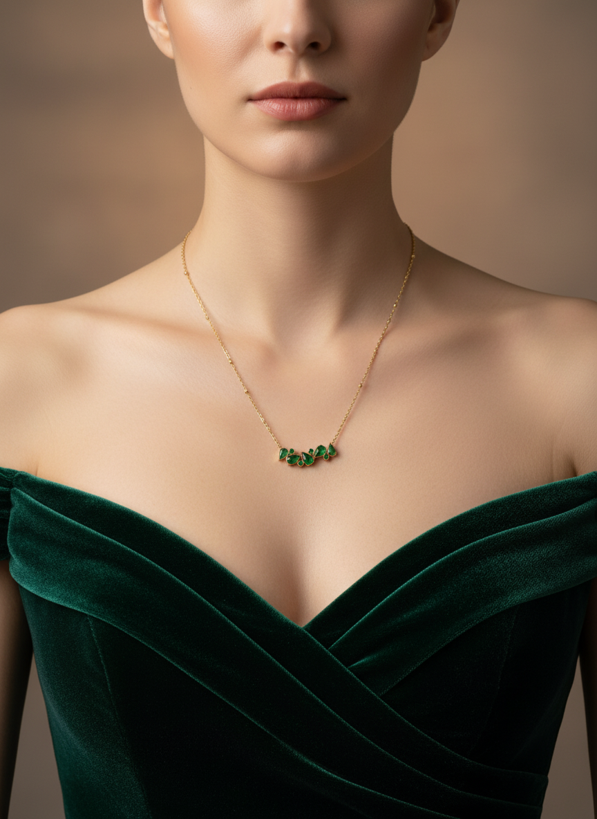 Green Tear Drop Pendant Chain Necklace Set