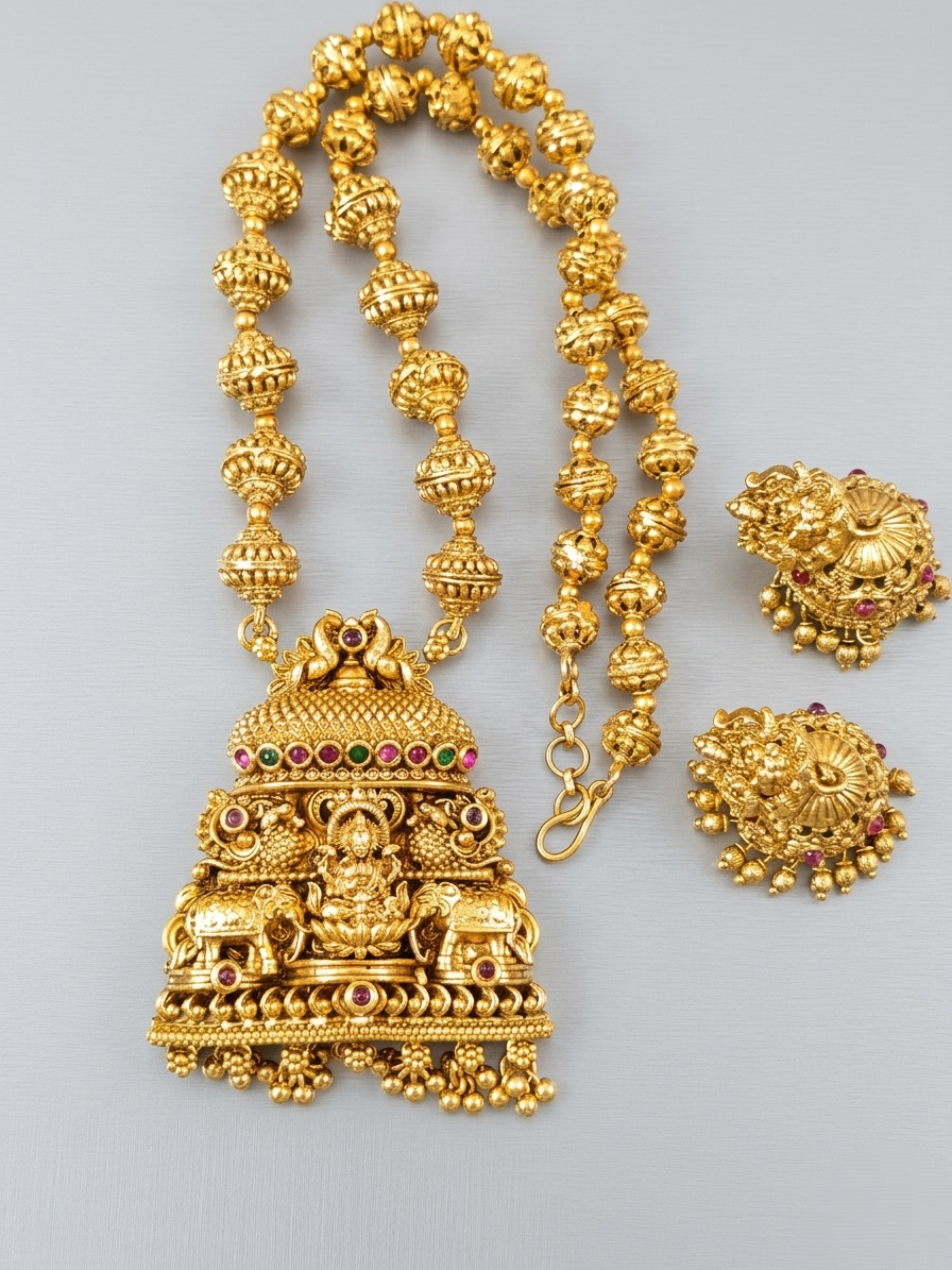 Temple Lakshmi Mid long Necklace Set V7
