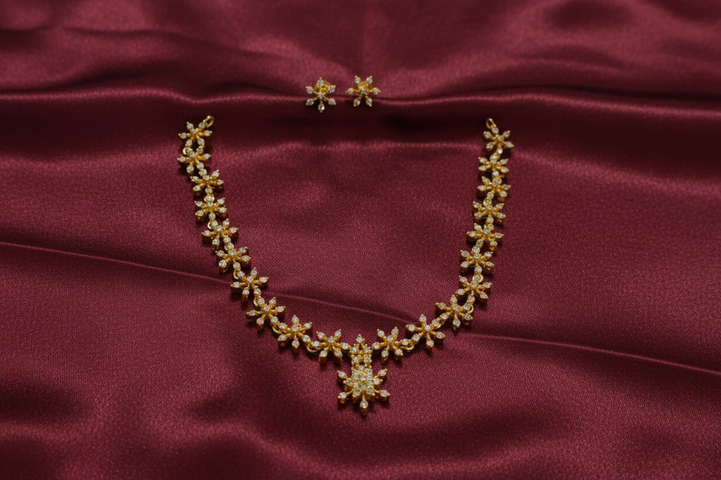 Flower AD Stone Short Necklace Set