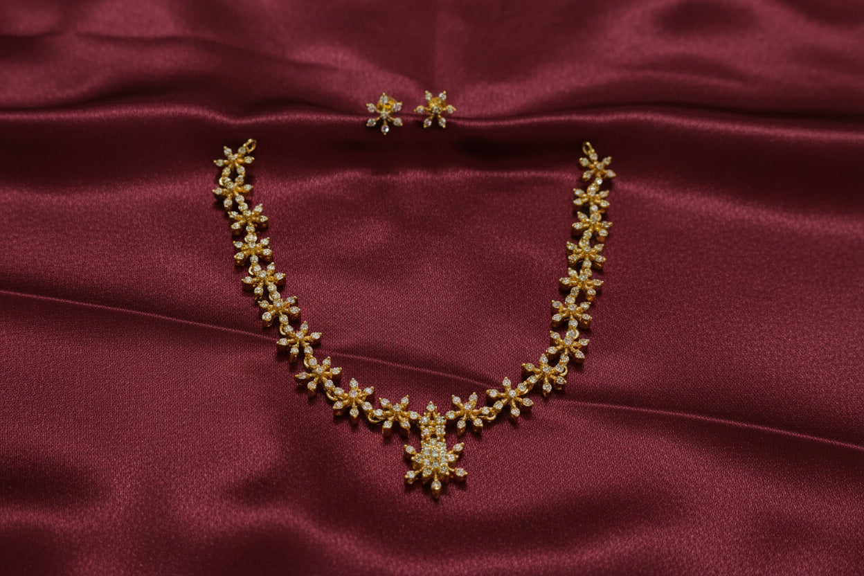 Flower AD Stone Short Necklace Set